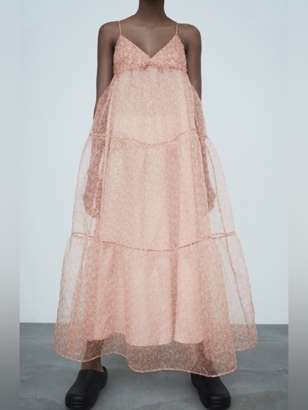 Zara Long ORGANZA FLORAL DRESS RUFFLED STRAP FLOWY BLOGGER FAVORITE SIZE S NWT - Picture 1 of 10